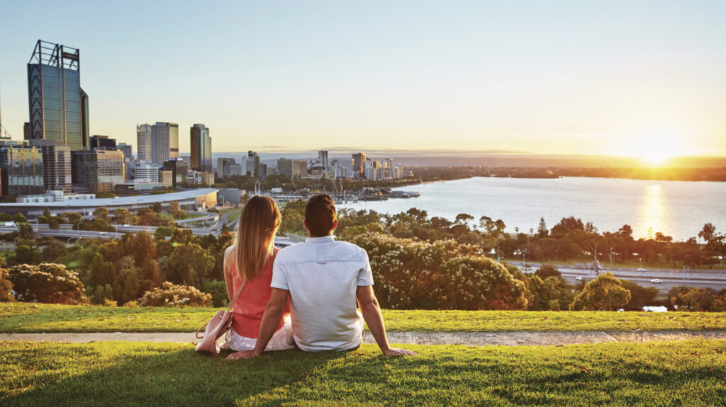 A sunset view at Kings Park overlooking Perth City