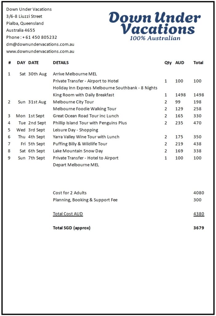 downundervacations-9-days-in-melbourne-itemised-pricing